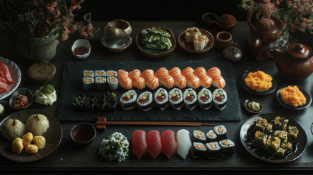 Experience a stunning Japanese sushi feast showcasing a variety of rolls and ingredients, beautifully arranged for a delightful culinary experience.の素材
