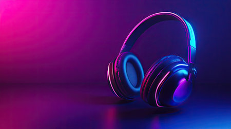 3D headphones with a dynamic neon glow, showcasing intense colors and lighting effects. Perfect for representing a modern, energetic music experience.の素材