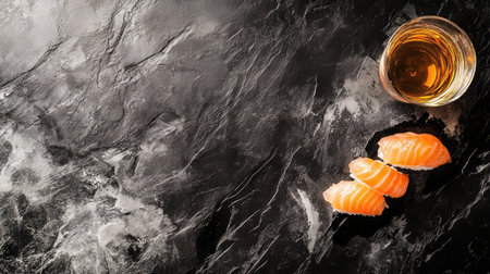 Enjoy a delightful arrangement of fresh salmon nigiri sushi paired with a glass of whiskey, set against a dark textured surface for an elegant presentation.の素材