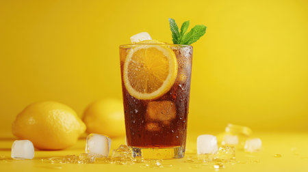 A vibrant tall glass of iced tea garnished with lemon slices and mint, perfect for summer refreshment. Bright yellow background enhances the appeal.の素材