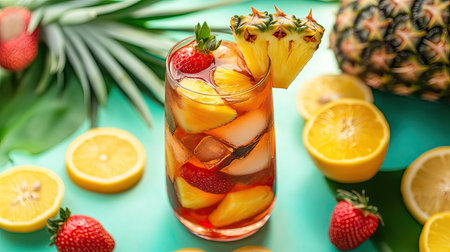 Enjoy a refreshing iced fruit tea adorned with vibrant fruit slices. This colorful beverage combines the sweetness of pineapple, strawberry, and lemon, perfect for summer gatherings.の素材
