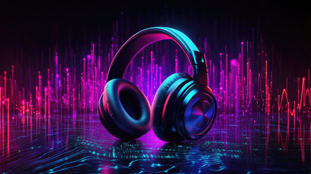 3D headphones with a bright, abstract sound wave background. Visualization of electronic music and digital audio, featuring dynamic colors and patterns.の素材