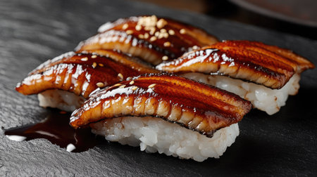 Indulge in this exquisite anago sushi, featuring tender eel glazed with sauce on a bed of sushi rice. An ideal dish for sushi lovers and food enthusiasts.の素材