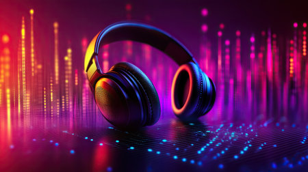 3D headphones against a vivid sound wave backdrop. Abstract, colorful visualization of digital music and audio waves with a modern equalizer design.の素材