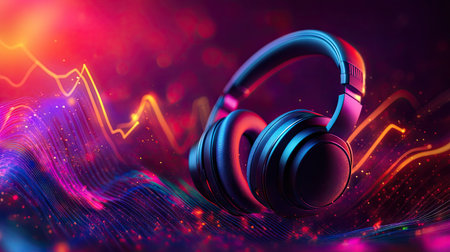 3D rendering of headphones against an abstract sound wave background. Vibrant colors and dynamic wave patterns representing digital sound and music.の素材