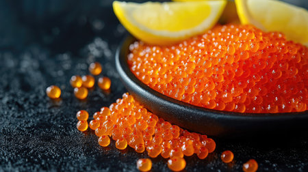 A stunning close-up of vibrant salmon roe garnished with fresh lemon slices, offering a beautiful contrast against a dark background. Perfect for culinary themes.の素材