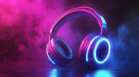 3D headphones with a dynamic neon glow, showcasing intense colors and lighting effects. Perfect for representing a modern, energetic music experience.の素材