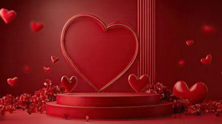 3D podium stage with realistic heart and love elements, perfect for showcasing products or special events. Romantic scene ideal for Valentine's Day or advertising.の素材