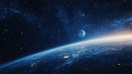 A breathtaking view of Earth, illuminated moon, and scattered stars on a deep blue night sky. 3D rendering of a cosmic scene with our planet and celestial wonders.の素材