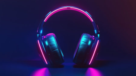 3D headphones with a dynamic neon glow, showcasing intense colors and lighting effects. Perfect for representing a modern, energetic music experience.の素材