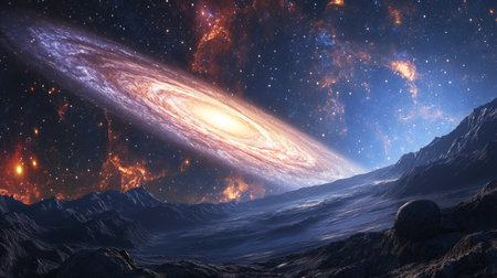 3D digital artwork of a planet horizon with the Andromeda galaxy collision. Features merging galaxies and cosmic lights in a breathtaking space scene.の素材