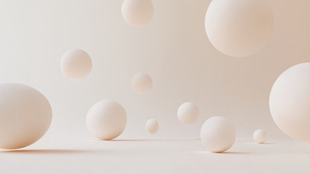 Abstract 3D spheres floating in a minimalist environment with ample space for creative product displays. Ideal for modern design concepts.の素材