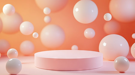 3D podium set against a background of warm, floating pastel spheres. Soft color palette for cozy and inviting product presentations or promotional displays.の素材