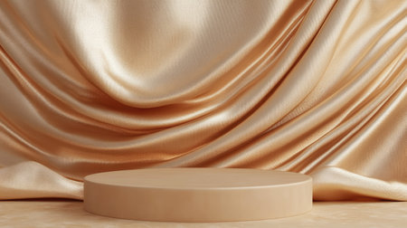 3D rendering of a beige podium on a backdrop of luxurious gold fabric waves. Elegant setting for upscale product showcases and branding.の素材
