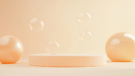 3D rendering of a minimalist podium with floating spheres in warm pastel tones. Soft, elegant scene for product display, with gentle colors creating a calming ambiance.の素材