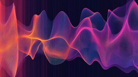 Abstract dynamic sound wave pattern with smooth, colorful gradients and rhythmic lines. Perfect for digital music visuals, audio technology, and tech designs.の素材