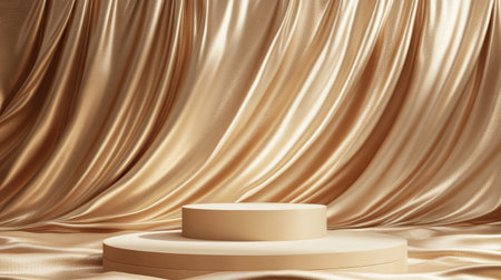 3D rendering of a beige podium on a backdrop of luxurious gold fabric waves. Elegant setting for upscale product showcases and branding.の素材