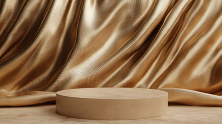 3D rendering of a beige podium on a backdrop of luxurious gold fabric waves. Elegant setting for upscale product showcases and branding.の素材