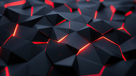 Abstract black polygon surface with intricate red light patterns, showcasing a modern and high-tech design concept.の素材
