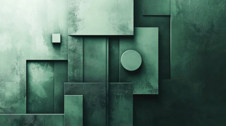 Abstract green background with geometric shapes and frames creating a stylish and modern design. The layered composition adds depth and is ideal for branding or digital projects.の素材