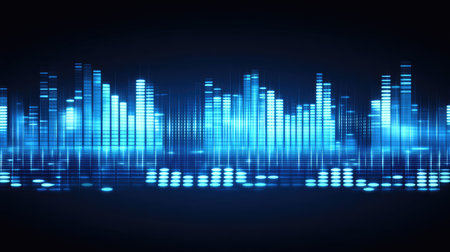 Abstract vector illustration of a blue music equalizer. Crisp lines and vibrant blue tones represent audio levels and sound frequency patterns.の素材