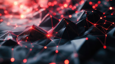 Abstract technology design with a black polygon base and vivid red light highlights, evoking a futuristic and high-tech feel.の素材