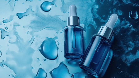 Blue background showcasing hyaluronic acid serum and moisturizer with water droplets. Perfect for ads and promotional material emphasizing hydration and skin care.の素材