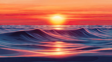 Artistic vector representation of a sunset with warm, bright colors reflecting on calm sea waves. Ideal for capturing the serene and picturesque quality of evening or morning at the shore.の素材
