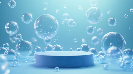 Blue stage podium surrounded by a flurry of soap bubbles. Realistic 3D vector background with rounded platforms and floating soapy spheres for a dreamy presentation.の素材