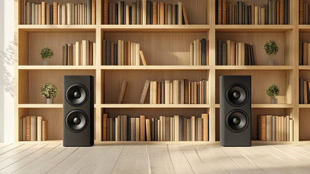 Bookshelf with high-quality audio speakers on the sides, blending into the bookshelf design. Ideal for illustrating a sleek and modern music listening environment.の素材