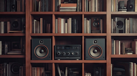Bookshelf audio speaker concept in 3D rendering, featuring speakers seamlessly integrated into the bookshelf design. Ideal for demonstrating a modern, space-saving music setup.の素材