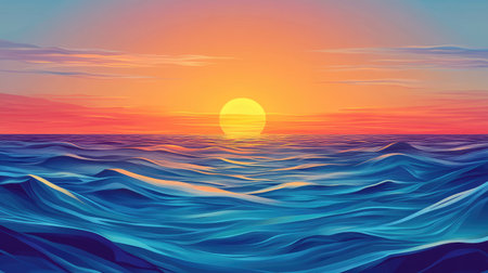Bright and warm vector art of a sunset or sunrise with calm ocean waves and a stunning color gradient. Ideal for illustrating the beauty and tranquility of an evening or morning seascape.の素材