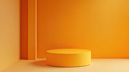 Clean product podium with a vibrant orange wall backdrop. Ideal for minimal product placement and luxury architectural aesthetics. Creative 3D mockup for modern stage design.の素材