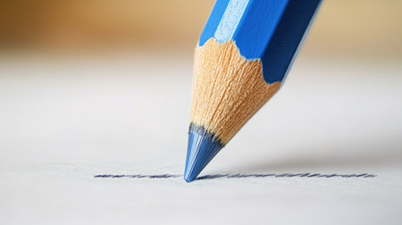 Close-up of a blue pencil tracing defined lines on a subtle white-gray background. Represents precision, creativity, and educational design concepts.の素材