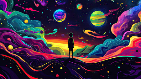 Colorful vector art of a person on an alien planet, staring in awe at the vibrant cosmos. Pop art style with bright, whimsical colors and abstract celestial elements.の素材
