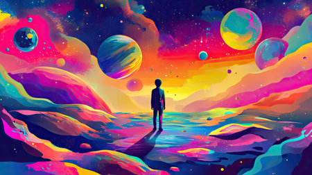 Colorful vector art of a person on an alien planet, staring in awe at the vibrant cosmos. Pop art style with bright, whimsical colors and abstract celestial elements.の素材