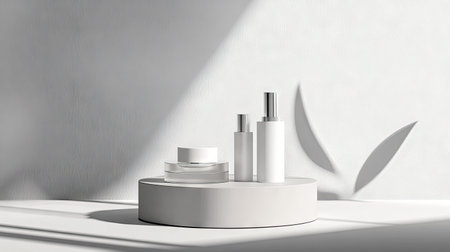 Cosmetic product showcase with a clean gray background and elegant podium. Perfect for high-end branding and packaging presentations. Studio stage with gentle shadow effects.の素材