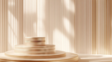 Cream podium with multiple tiers and gold stripes on the background. Perfect for showcasing cosmetics or luxury products. 3D stage design with an elegant, upscale aesthetic.の素材