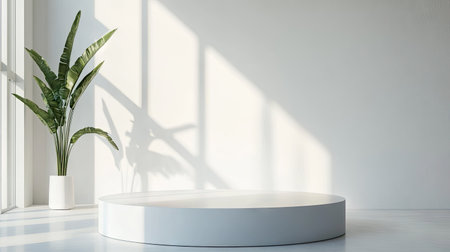 Contemporary white studio featuring a minimal cylindrical podium. Perfect for elegant product displays or presentations. 3D render with a spacious, modern background.の素材