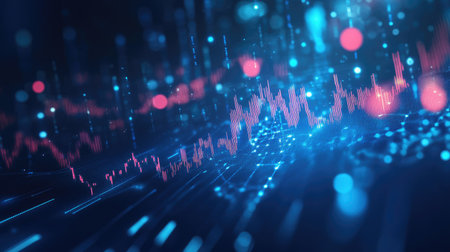 Dark blue technology background with financial investment graph highlighting growth to success. Features stock market trading charts and profit data for strategic insights.の素材