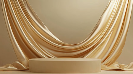 Elegant 3D rendering of a beige podium draped in gold fabric waves. Ideal luxury background for upscale product presentation and branding.の素材