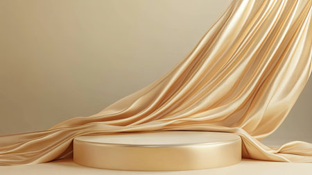 Elegant 3D rendering of a beige podium draped in gold fabric waves. Ideal luxury background for upscale product presentation and branding.の素材