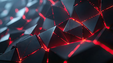 Dark polygonal backdrop illuminated with glowing red light, offering a cutting-edge and futuristic technology aesthetic.の素材
