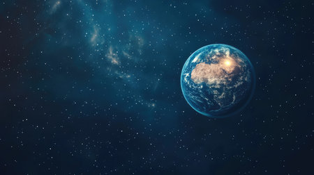 Earth visible from space with a glowing moon and twinkling stars on a dark blue sky. Digital illustration capturing the beauty of our planet and celestial bodies.の素材