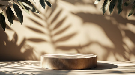Earthy brown podium with abstract leaf shadows and soft lighting. Ideal for cosmetic and product displays in a stylish, nature-inspired setting.の素材