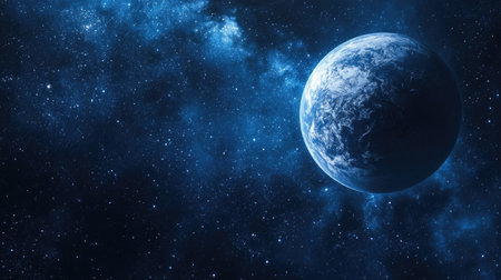 Earth seen from space with a serene moon and starry night sky in rich blue tones. Captures the tranquil beauty of our planet amidst a vast cosmic backdrop.の素材