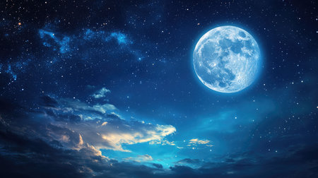 Earth visible from space with a glowing moon and twinkling stars on a dark blue sky. Digital illustration capturing the beauty of our planet and celestial bodies.の素材