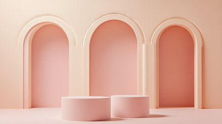 Elegant 3D abstract background with pink and beige cylinder podiums. Minimalist pastel scene with geometric shapes ideal for product display and branding.の素材