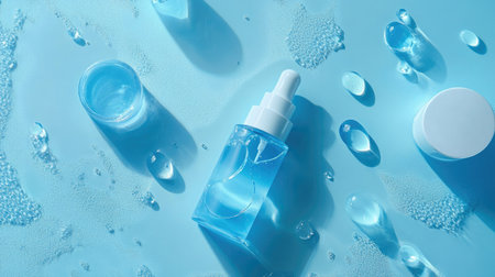 Elegant blue background with skincare products, including hyaluronic acid and moisturizer, showcasing absorption with water droplets. Perfect for beauty ads.の素材
