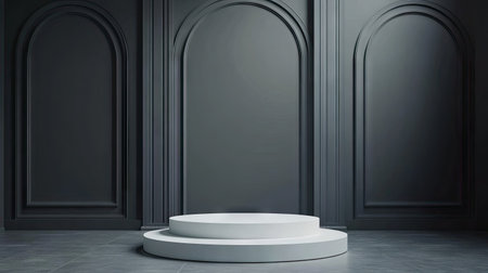 Elegant gray room with a pulpit and white podium for product displays. 3D mockup with a sleek white base and ample space for text or branding. Perfect for professional presentations.の素材